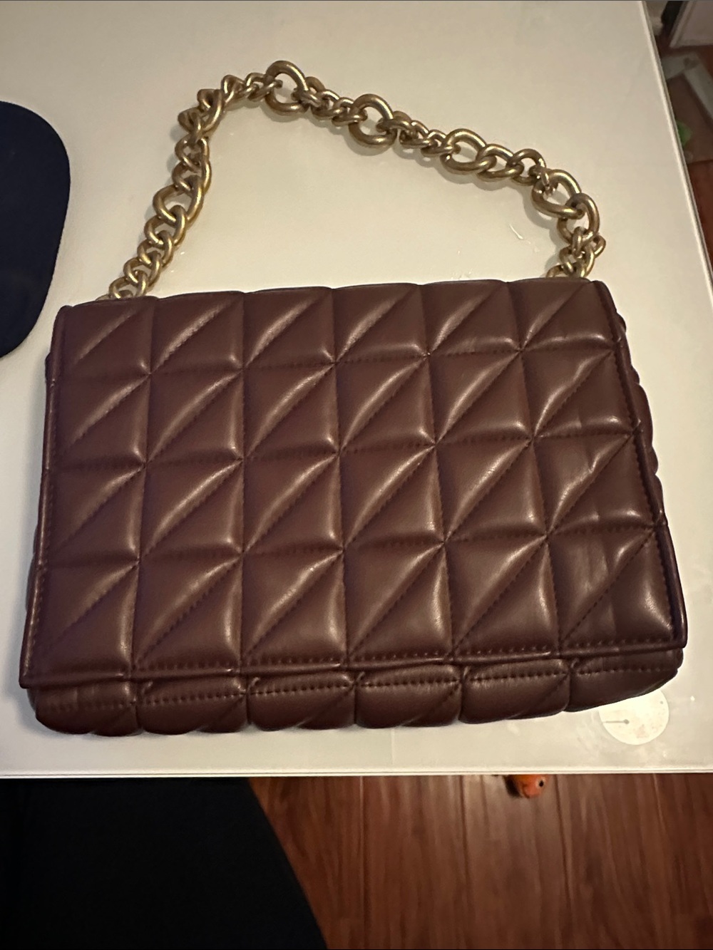 Zara Quilted Chocolate Shoulder Bag with Gold Chain